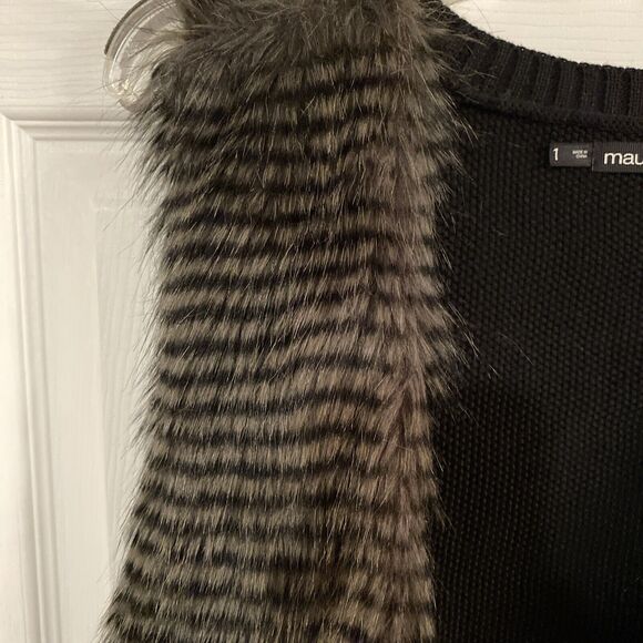 Maurice’s Faux Fur Vest Size 1 Open Front Striped Knit Back Crew Neck - Picture 6 of 11